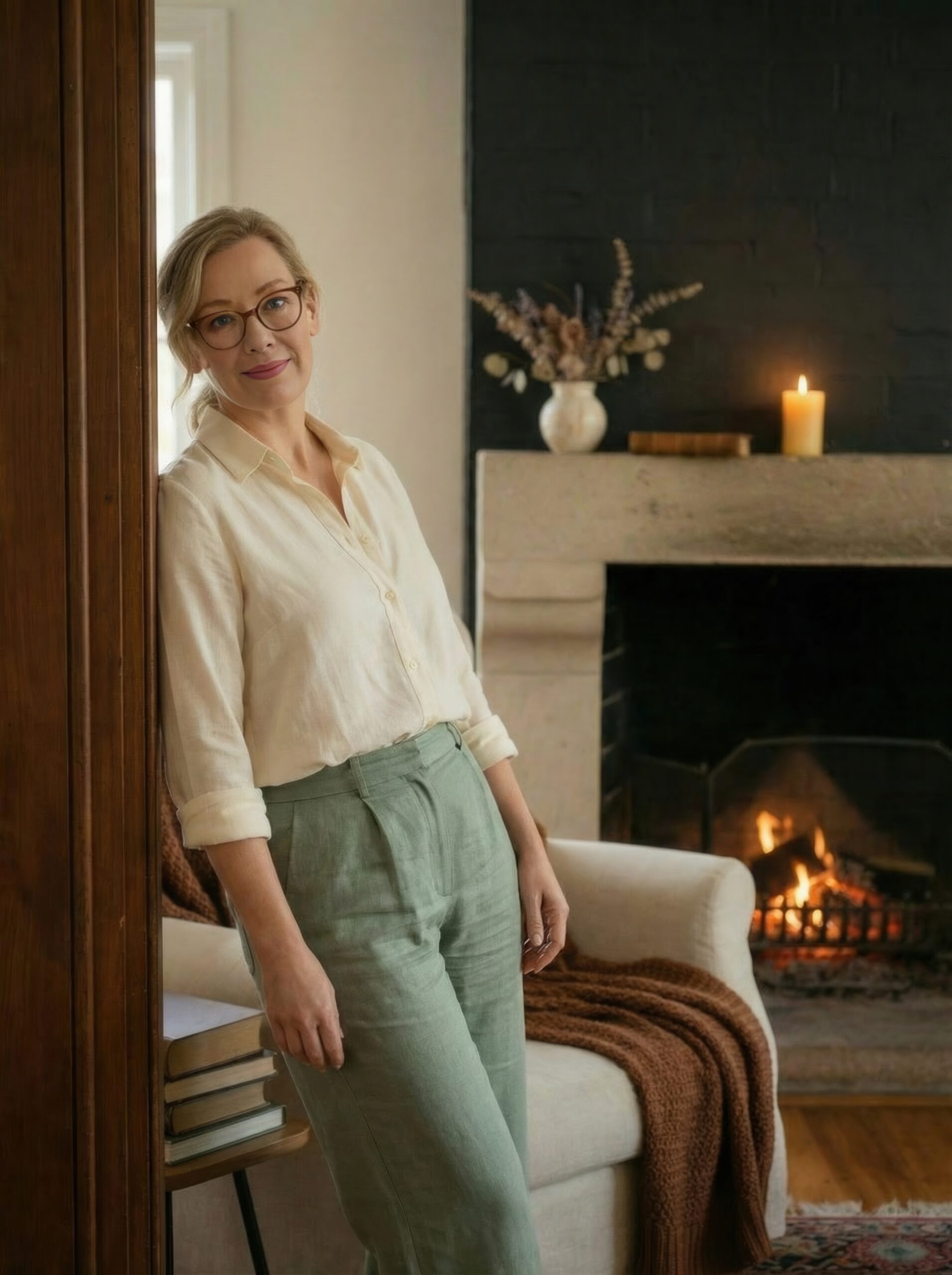 “woman standing in a calm, aligned home interior, reflecting a space that supports who she is becoming”